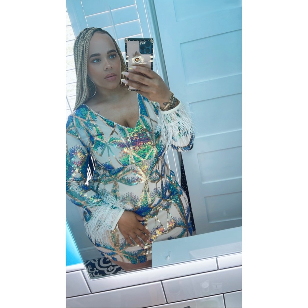 Party Time Multi Sequin Dress with feather sleeves